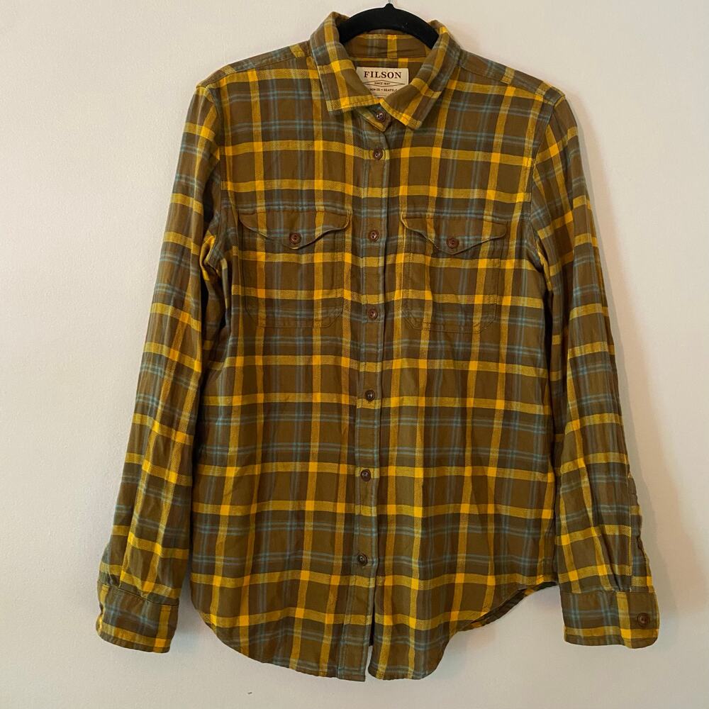 Filson Brown Yellow Plaid Button Down Shirt Cotton Minimalist Men's size Medium